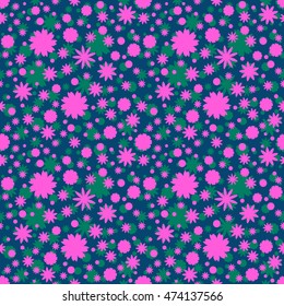 Seamless pattern with green, pink  little flowers, stars, circles on navy blue background. Floral background. Vector illustration.
