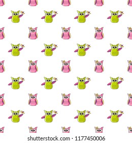 Seamless pattern with green and pink owls