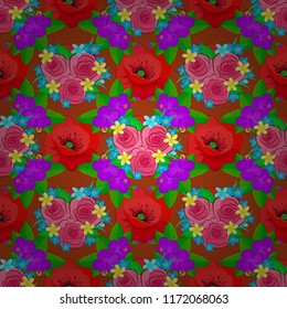 Seamless pattern with green, pink and red roses with green leaves. Vintage pattern with indian batik style rose flowers. Floral vector background.