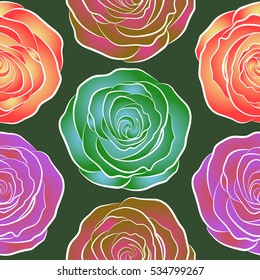 Seamless pattern with green, pink and yellow roses. Vector illustration. Abstract seamless background with flying green, pink and yellow roses.