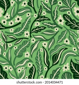 Seamless pattern green plant leaves.Hand drawn print of textile.Vintage floral design.Vector illustration.