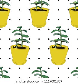 Seamless pattern with a green plant in a yellow pot isolated on white in a polka-dotted background