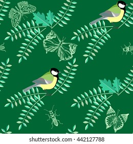 Seamless pattern with green plants, beetles and butterflies and birds. Vector.
