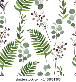 Seamless pattern of green plants on white background. For wedding decor, postcards and textiles, vector illustration
