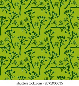 Seamless pattern with green plants on bright green background. Vector image.