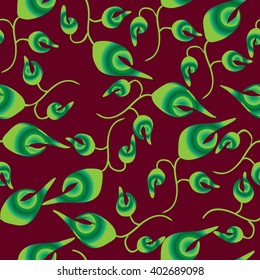 seamless pattern of green plants on a burgundy background