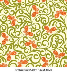 Seamless pattern from green plants and orange butterflies(can be repeated and scaled in any size)