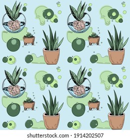 Seamless pattern with green plants in pots and vases for home decor. Vector illustration of hand-drawn outlines and painted with spots.