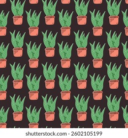 Seamless Pattern of Green Plants in Pots on Dark Background. A repeating pattern of illustrated green plants in terracotta pots, perfect for design projects.