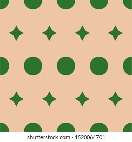 Seamless pattern: green polka dot and rhombuses on a beige background. Vector. Illustration