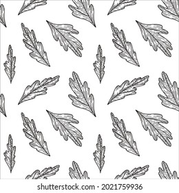 Seamless pattern of green poppy leaves. For printing on fabrics, clothing, accessories, wallpaper and much more. Botanical illustration with detailed leaves drawn in a linear style.