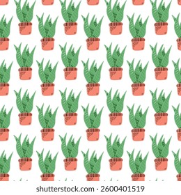 Seamless Pattern of Green Potted Plants With Terracotta Pots on White Background. A repeating pattern depicting potted green aloe vera plants in artistic style on a white backdrop. Perfect for fabric 