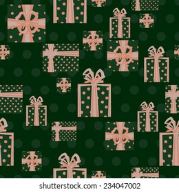 Seamless pattern with green present boxes on green background. Clipping mask is used, vector illustration. 