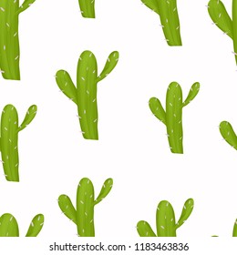 Seamless pattern with green prickly cactuses with pink prickles. Hand drawing, painted exotic plants, succulent. Vector illustration, texture in doodle style.