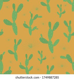 Seamless pattern green prickly pear cacti on a yellow background