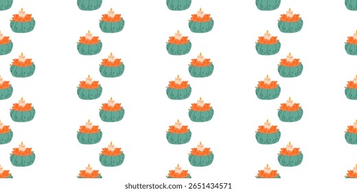 Seamless pattern with green pumpkin-shaped candles decorated with orange leaves on white background. For autumn designs, fabric prints, wrapping paper, kitchen textiles, packaging, and scrapbooking.