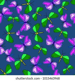 Seamless pattern of green and purple dragonflies on a blue background