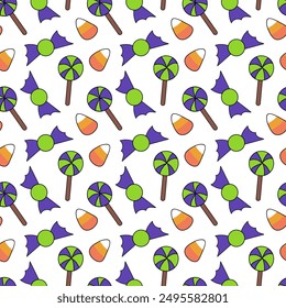 Nahtloses Muster mit grünen und violetten Halloween Bonbons und Lutscher, Mais. Vektorgrafik flache Abbildung.