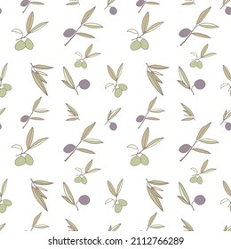 seamless pattern of green and purple olives in white background. Hand drawn illustration.