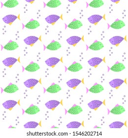  seamless pattern with green and purple sea fish. Funny cute drawing of a hand. Vector illustration