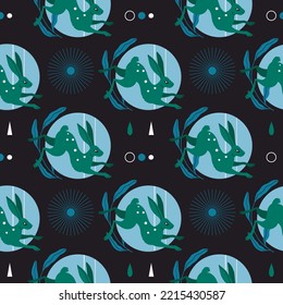 Seamless pattern with green rabbit or hare, geometric abstract shape, doodle elements and plant. Chinese New year 2023 or easter animal symbol. Vector flat bunny black texture for textile, paper