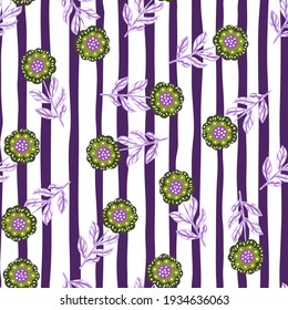 Seamless pattern with green random folk flowers ornament. White and purple striped background. Abstract style. Great for fabric design, textile print, wrapping, cover. Vector illustration.