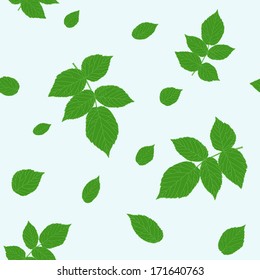 Seamless pattern with green raspberry leaves. Traditional colors. Plain shadeless background with blackberry or raspberry leaves for decoration.