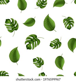 Seamless pattern with green realistic leaves. Good for menus, postcards, books, murals, and fabric. Vector illustration.