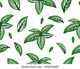 Seamless pattern of green realistic tropical leaves. Graphic design of fashion, interior, wrapping, packaging products. background, backdrop, print for clothes,towels, fabric, textile website card
