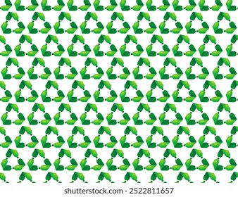 Seamless pattern green recycle sign created of plastic bottles on white background flat lay with copy space. Vector eco background. PET recycling concept. Recycled seamless pattern.