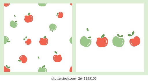 Seamless pattern of green and red apple with leaves on white background. Set of apple icons vector.
