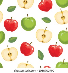 Seamless pattern with green and red apples on white background. Whole fruit and cut half and green leaves. Vector illustration in flat style.