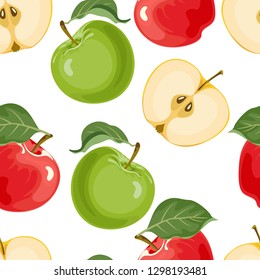 Seamless pattern with green and red apples and leaves on a white background. Vector illustration of ripe fruit whole and sliced in cartoon flat style.