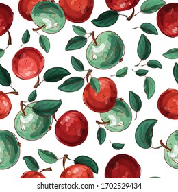 Seamless pattern of green and red apples. Bright, juicy, tasty fruits. Background for eco products, textiles, fabrics, paper. Vector illustration with emulation of watercolor effect.