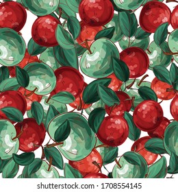 Seamless pattern of green and red apples. Bright, juicy, tasty fruits. Background for eco products, textiles, fabrics, paper. Vector illustration with emulation of watercolor effect.