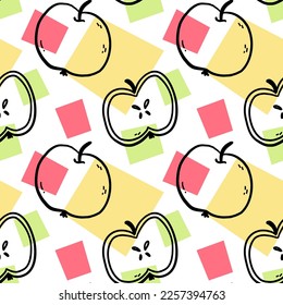 Patrón sin foco de manzanas verdes y rojas aisladas en fondo blanco. Alimentos orgánicos saludables. Ilustración dibujada a mano por vectores en estilo de contorno de doodle