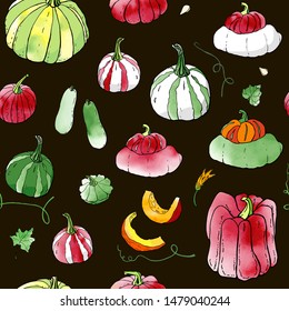 Seamless pattern from green and red autumn pumpkin doodles on black backdrop. Fall harvest. Vector stock set. Cute icons with watercolor texture. Can be used for printed materials. Hand drawn. 