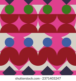 Seamless pattern with green, red, blue and pink geometric shapes on a white background. Suits as wrapping, wallpaper, fashion print, texture.