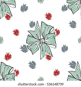 Seamless pattern with green, red and blue bows. Decorative vector art for decorating greeting cards, banners or ads for wedding, birthday, Valentines day, new year, Christmas or other holidays.