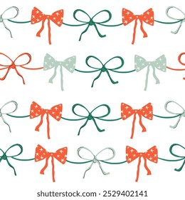 Seamless pattern with green and red bows. Holiday print. Vector hand drawn illustration.