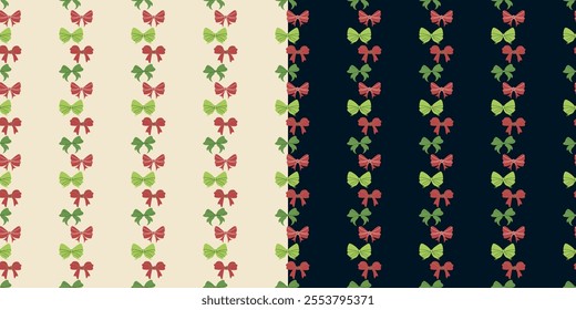 Seamless pattern of green and red bows on a white and dark background.