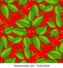 Seamless pattern with green, red and brown flowers. Floral watercolor seamless background. Vector textile print for bed linen, jacket, package design, fabric and fashion concepts.