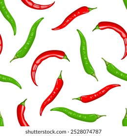 Seamless pattern with green and red chili pepper. Spicy spice background. Vector cartoon flat illustration.