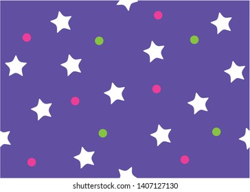 Seamless pattern with green and red circle on a purple background. Children's gentle pattern with white stars