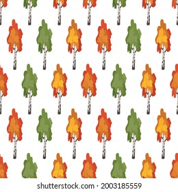 Seamless pattern with green, red and orange birch trees. Forest autumn plants, natural print for wrapping paper, textiles and decor