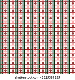 Seamless pattern, green and red stripes laid out in a plaid pattern, Christmas, fabric pattern, retro, small circle as a point