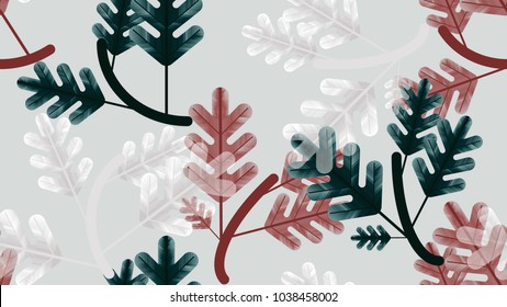 Seamless pattern, green, red and white oak leaves with branch on light grey background