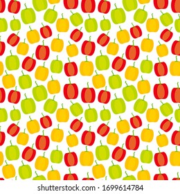 Seamless pattern with green red yellow Bell pepper isolated on white background simple scandinavian style trend of the season. Can be used for Gift wrap fabrics, wallpapers, food packaging. Vector