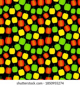 Seamless pattern with green red yellow Bell pepper on black background simple scandinavian style trend of the season. Can be used for Gift wrap fabrics, wallpapers, food packaging. Vector