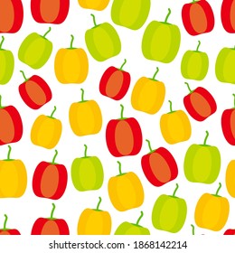 Seamless pattern with green red yellow Bell pepper isolated on white background simple scandinavian style trend of the season. Can be used for Gift wrap fabrics, wallpapers, food packaging. Vector